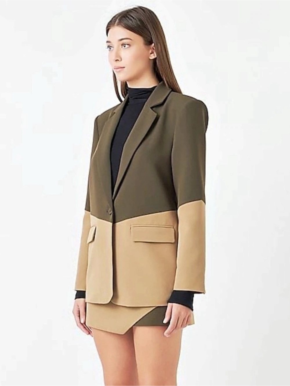 endless rose Colorblock Blazer Skort Set Olive & Tan